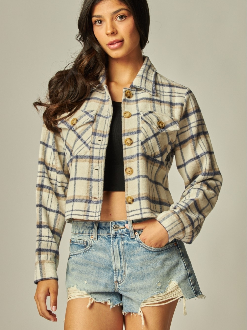 Cream & Navy Plaid Flannel Cropped Jacket